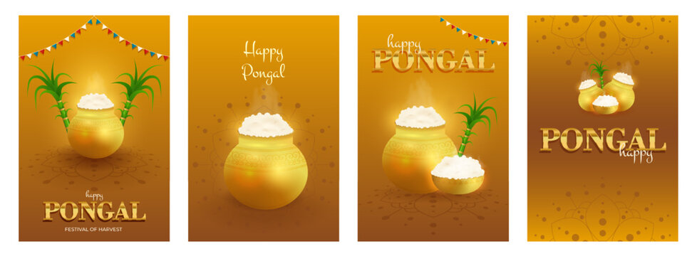 Happy Pongal harvest festival greeting poster set with pot, steaming rice, sugarcane and rangoli. Tamil Nadu celebration concept. Indian festive food, hindu religion, agriculture. Vector illustration