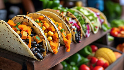 Vibrant street style taco cart displaying assorted tacos with fresh ingredients