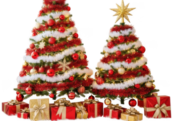 Two festive christmas trees with ornaments, tinsel, and gifts isolated on transparent background