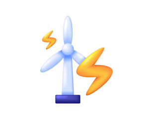 illustration of wind turbine and electricity symbol. Wind power plant. Renewable energy. Concept, symbol, icon. 3D style vector. White background.