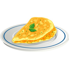 Golden Folded Omelette Garnished with Fresh Green Parsley Sprigs Served on a White Plate with Blue Rim and Transparent Background