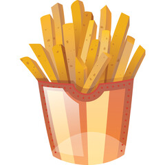 Golden French Fries Served in a Striped Red and Yellow Paper Container Against a Transparent Background