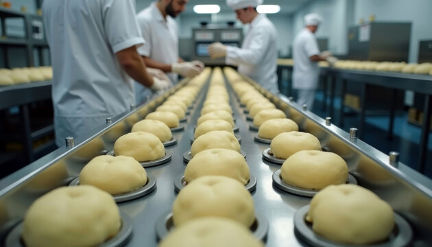 Industrial bread production in a modern bakery with professional workers and equipment