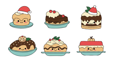 Set of Cute Christmas-Themed Desserts with Smiling Faces – Kawaii Holiday Illustration Pack