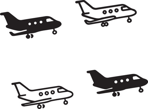 Isolated Private Jet black vector icon set, private jet icons, luxury travel aircraft aviation design, solid black outline filled minimal thin stroke, business jet symbol travel