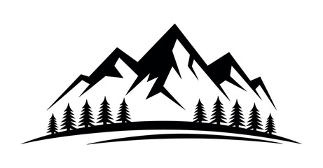 A striking silhouette of rugged mountain peaks rises above a line of evergreen trees, conveying a sense of natural grandeur and adventure.