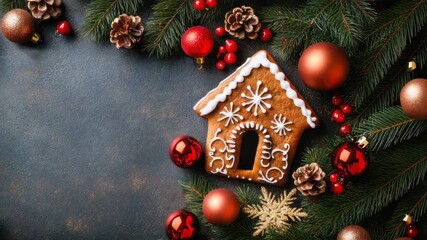 Gingerbread house surrounded by festive decorations, pine branches, red and gold ornaments, cozy holiday mood, Christmas celebration setup, winter wonderland scene for joyful seasonal atmosphere - Powered by Adobe