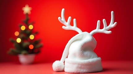 Santa Hat with Antlers and Tree Lights on Red Background for Cozy Holiday Decor