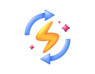 Illustration of renewal, rotation, or looping symbol and electricity symbol. energy recycling. renewable energy. generating continuous energy. concept, symbol, icon. 3d style vector. white background.