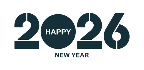 Graphic illustration wishes Happy New Year 2026 with modern dark blue numbers and text on a white background