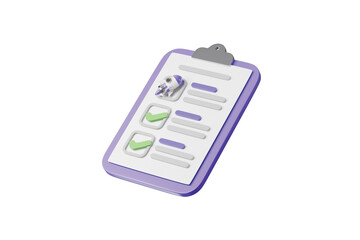3d checklist clipboard with rocket icon. productivity launch concept. minimal cartoon task list planner rocket for app hero onboarding banner. isolated on white background. 3d render.