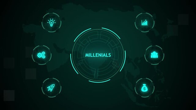 Millenials, Hologram Futuristic Interface. Business, Technology, Internet and network concept. Digital world map technology background. - Powered by Adobe