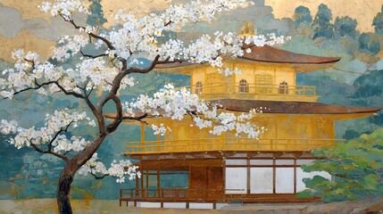 Golden Temple Surrounded by Cherry Blossoms and Green Mountains in Tranquil Japanese Landscape