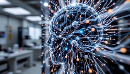 Abstract Visualization of Artificial Intelligence Brain with Neural Connections in Modern Office Environment