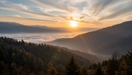 Breathtaking Sunrise Over Misty Mountains and Forest Valley at Dawn with Colorful Sky