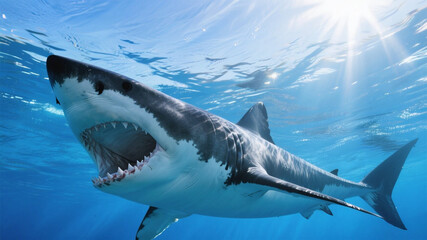 Fototapeta premium Predatory Great White Shark Surfacing with Sun Flare