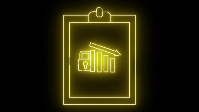 Neon yellow icon of a clipboard featuring a padlock and downwardtrending graph