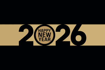 Happy New Year 2026 text art graphic with gold stripe on black background.