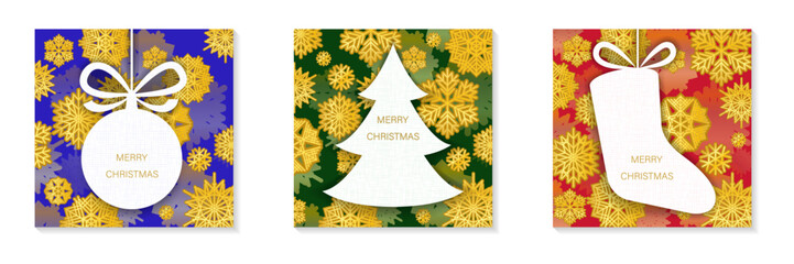 
A set of "Merry Christmas" greeting cards for covers, invitations, posters, banners, and flyers. Golden snowflakes on a colored background. Modern design for branding, advertising, and holidays