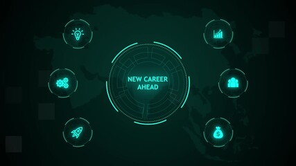 New Career Ahead, Hologram Futuristic Interface. Business, Technology, Internet and network concept. Digital world map technology background.