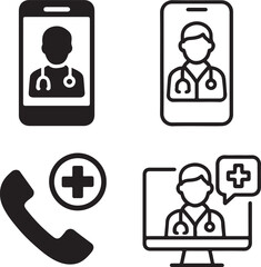 Isolated Telemedicine black vector icon set, telemedicine icons, doctor phone call healthcare online consultation design, solid black outline filled minimal thin stroke, virtual medical care symbols