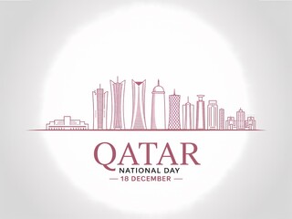 Doha skyline sketch celebrating qatar national day with festive typography