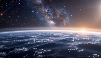 Stunning Cosmic View of Earth with Clouds and Galaxy at Sunrise in Outer Space