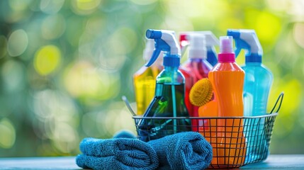 A collection of colorful cleaning products in spray bottles arranged in a metal basket. Soft focus background with greenery.