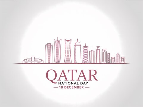 Doha skyline sketch celebrating qatar national day with festive typography