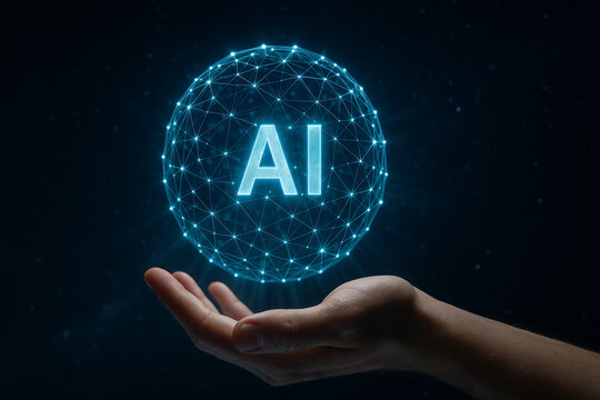 Hand Holding Glowing AI Sphere with Neural Network Connections and Digital Technology Concept