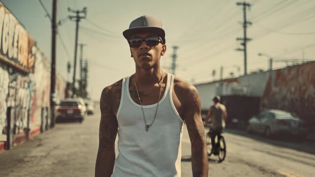 Gang man with tattoos standing