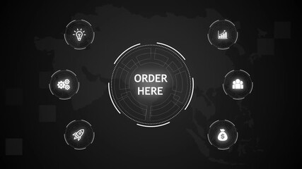 Order Here, Hologram Futuristic Interface. Business technology virtual screen background. performance metrics, and business insights from large data sets.