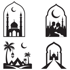 Islamic Mosque Prayer Silhouette Ramadan Clipart Set