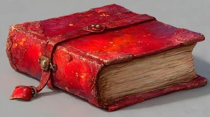 Antique Red Leather Bound Book with Decorative Closure and Textured Pages on Gray Surface