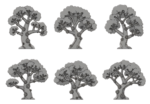 Unique mechanical trees with intricate details offer a futuristic natural aesthetic for your next project