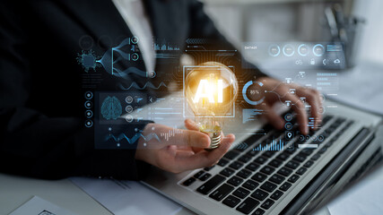 A futuristic AI dashboard for business intelligence. This platform showcases advanced data analytics, processing complex information into visual charts and graphs for strategic insights. Fermion