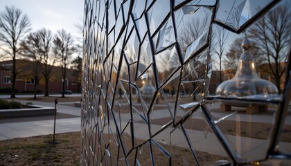 Abstract Geometric Reflection of Modern Sculpture Surrounded by Trees During Sunset in a City Park