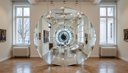 Contemporary Art Installation Featuring Large Geometric Mirror Sculpture in Spacious Gallery