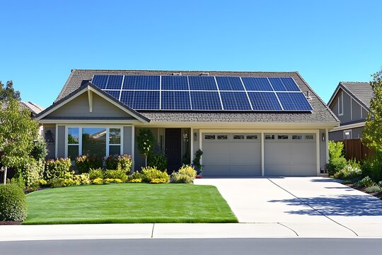 Modern residential house roof installing solar panels for clean energy generation and sustainable living under a clear blue sky - Powered by Adobe