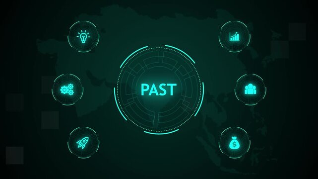 Past, Hologram Futuristic Interface. Business, Technology, Internet and network concept. Digital world map technology background. - Powered by Adobe