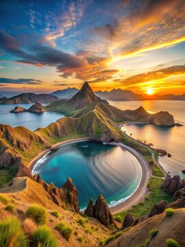 Panoramic view of sunset on Padar Island with volcanic mountains and turquoise ocean