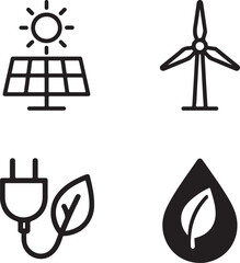 Isolated Clean Energy black vector icon set, clean energy icons, solar wind green power eco design, solid black outline filled minimal thin stroke, renewable energy symbols