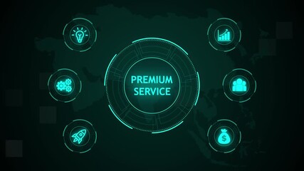 Premium Service, Hologram Futuristic Interface, Business, Technology, Internet and network concept. Digital world map technology background.