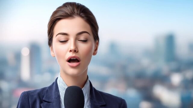 Polished, female news anchor in a navy blazer, speaks into a mic against a crisp, blurred cityscape