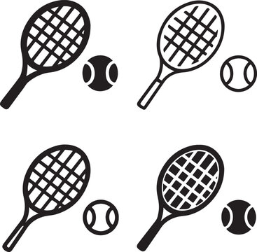Isolated Tennis Racket and Ball black vector icon set, tennis racket ball icons, sports equipment realistic design, solid black outline filled minimal thin stroke, tennis game athletic symbols