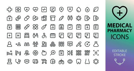 Medical App line UI icons. Set of pharmacy, hospital, first aid vector symbols with editable stroke