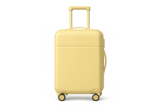 Yellow wheeled travel suitcase with adjustable handle, luggage for vacation, journey, business trip, transparent background