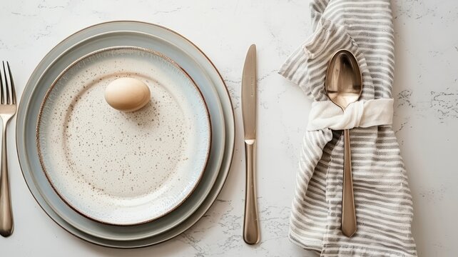 Sophisticated dinnerware on marble: white plates with blue trim, silverware, and a striped napkin for an elegant dining experience.