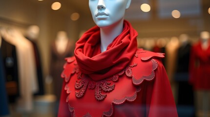 A mannequin wearing a red scarf is displayed in a store