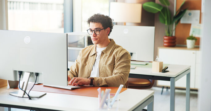 Computer, journalist and man typing in creative agency, draft planning and research for feature. Online publication, editing article or writer with ideas for news story improvement, fact check and pc